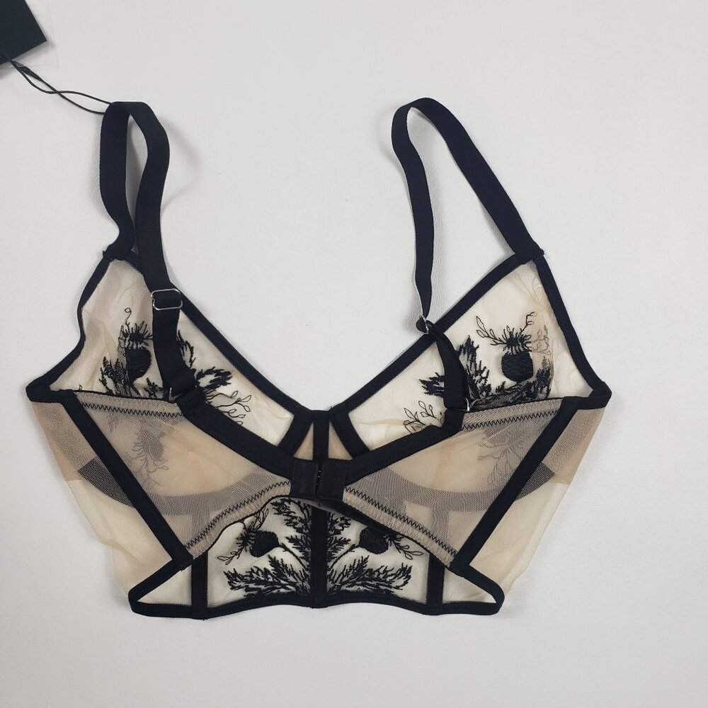 Thistle and Spire Verona Embroidered Longline Bra Women's 32DD Black Nude Mesh - Picture 7 of 16